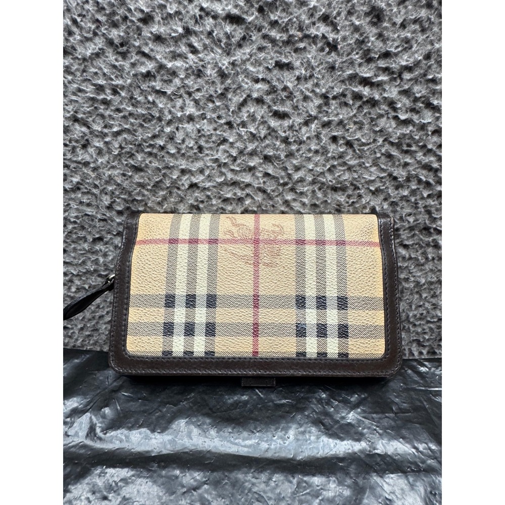Burberry Haymarket Check Leather Bifold Continental Wallet Brown Beige 7" x 4" - Picture 2 of 10